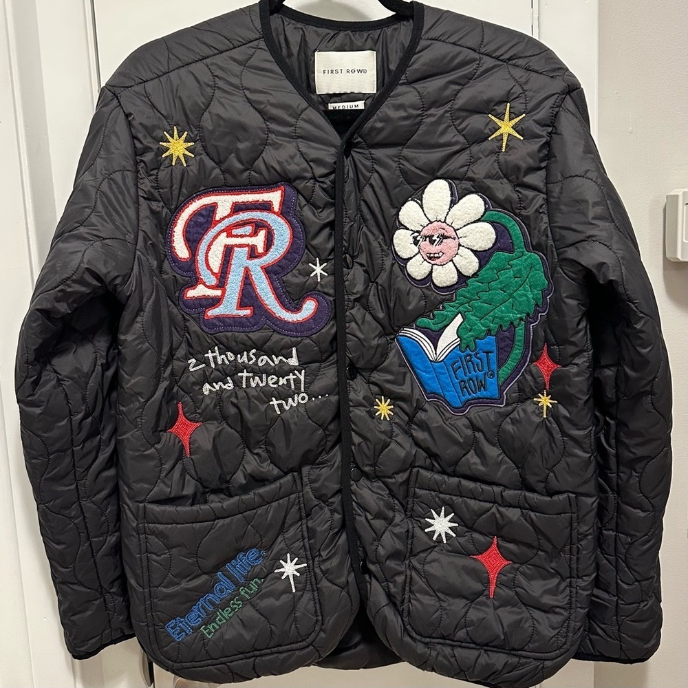 FIRST ROW DENIM Sunshine Quilted Puff Jacket M Black Patches Embroidered Unique